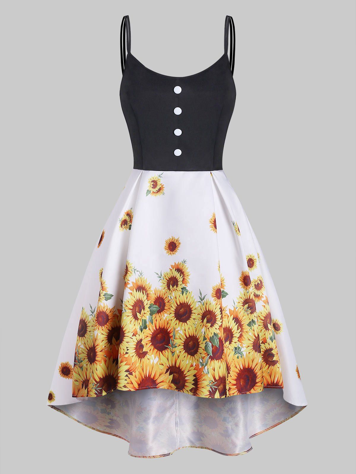 

Sunflower Print Button Embellished Dip Hem Dress, Black