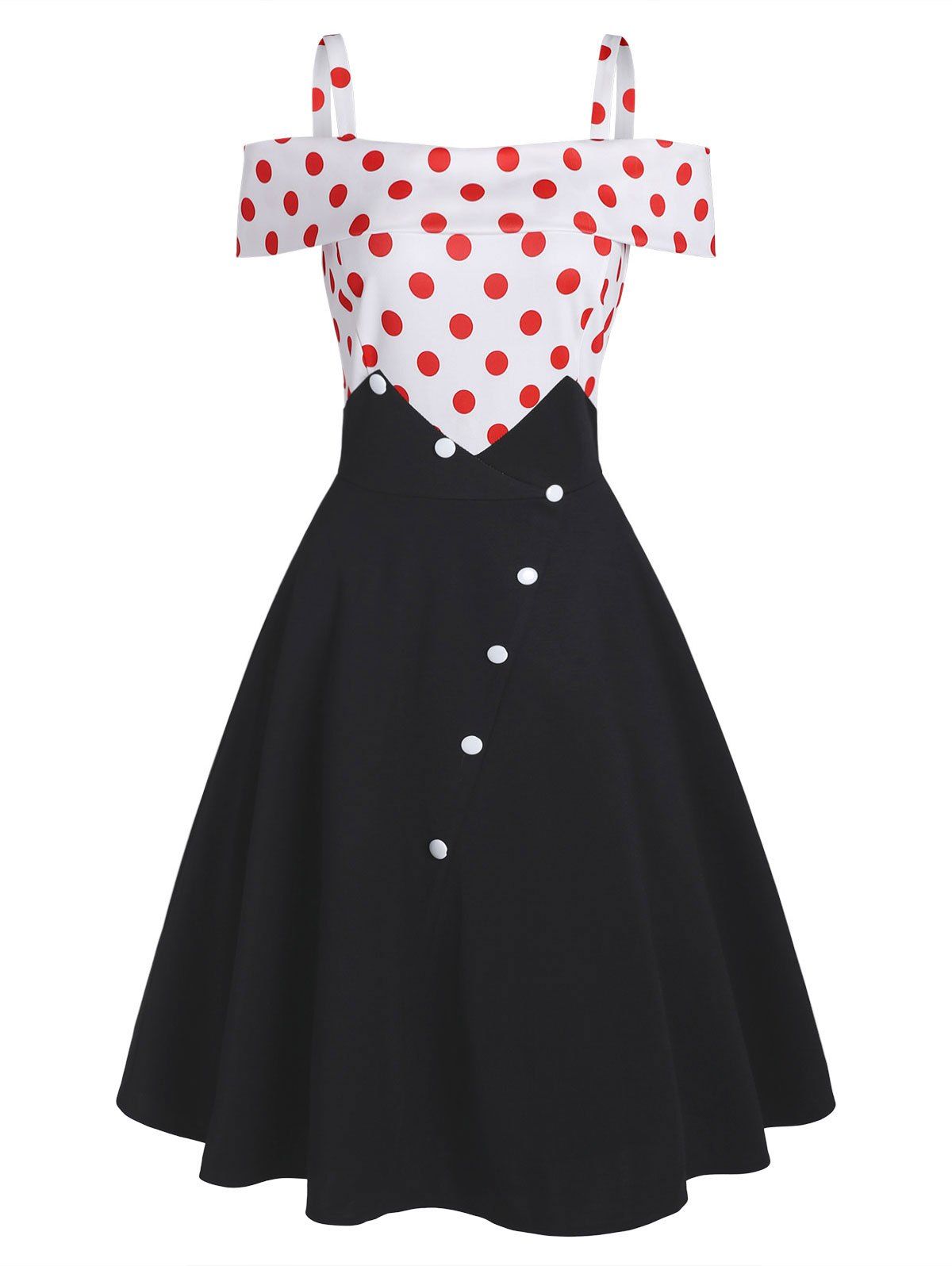 

Polka Dot Button Embellished Open Shoulder Dress, Black