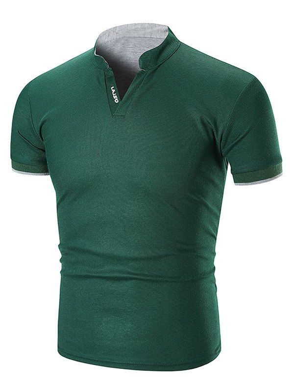 

Two Tone Letter Detail Stand Collar T Shirt, Green