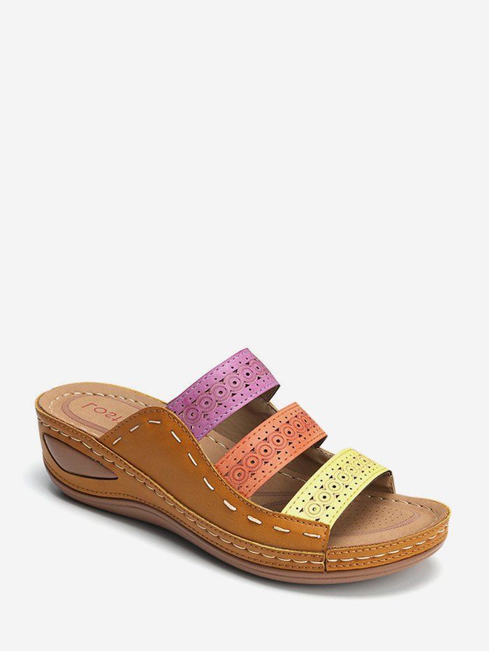

Color-blocking Hollow Out Low Heel Slides, Light brown