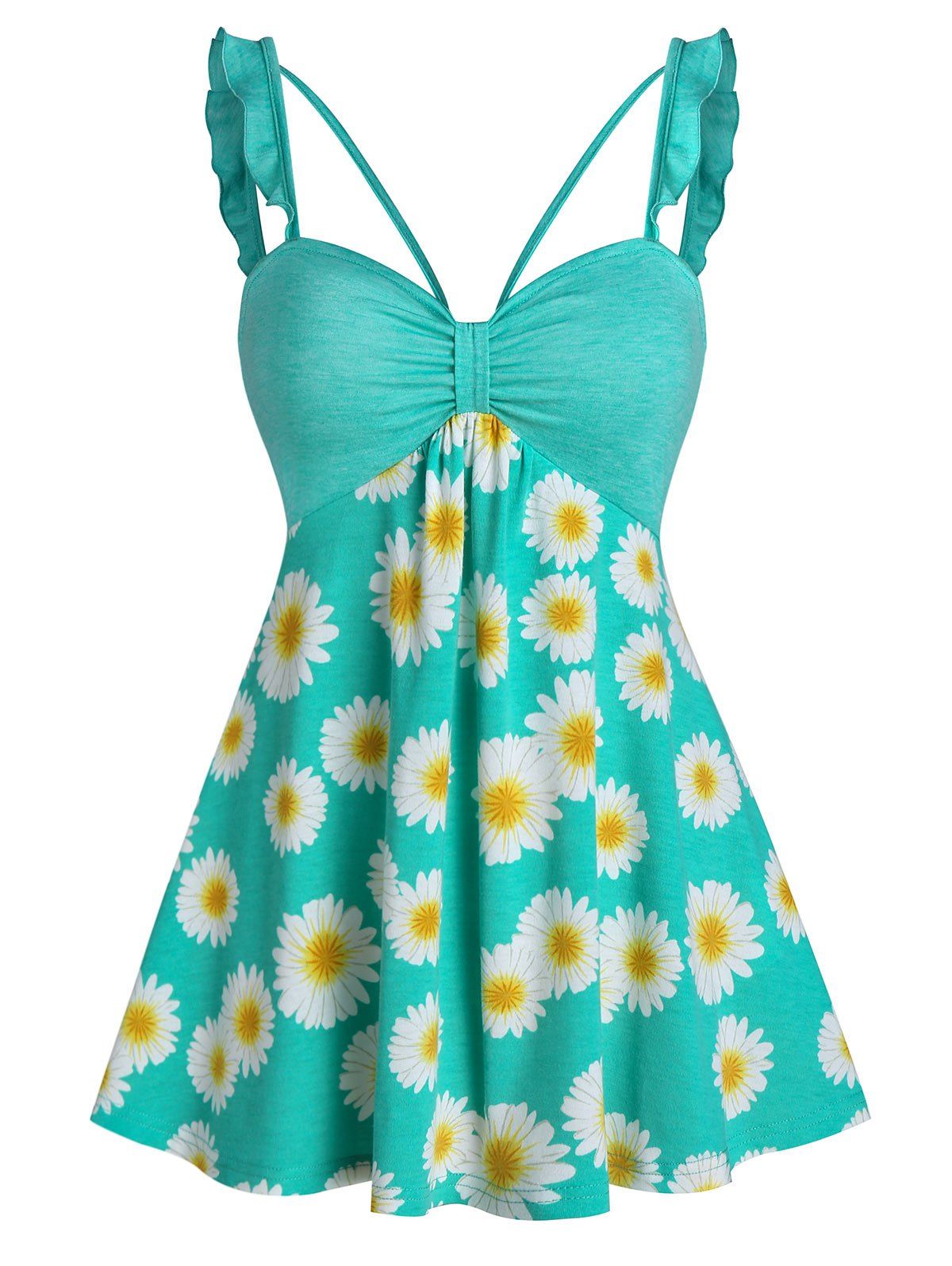 

Daisy Print Flare Tank Top, Aquamarine