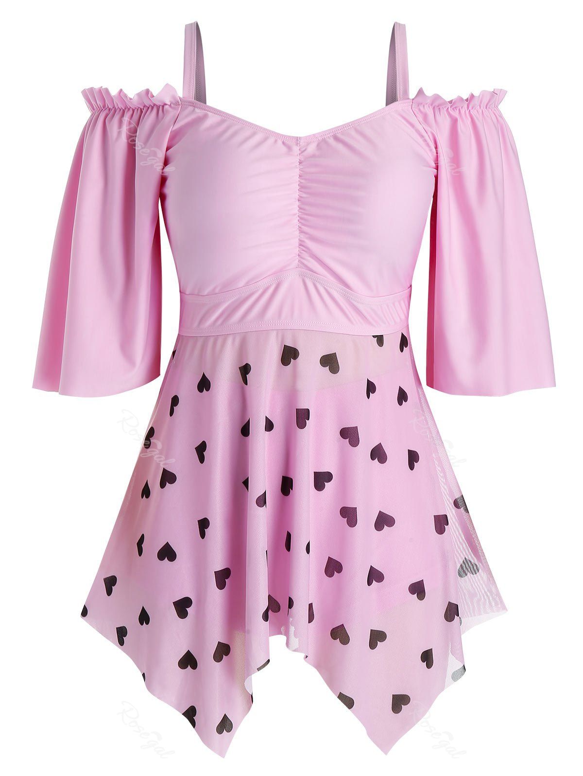 

Plus Size Open Shoulder Heart Print Two Piece Swimsuit, Pink