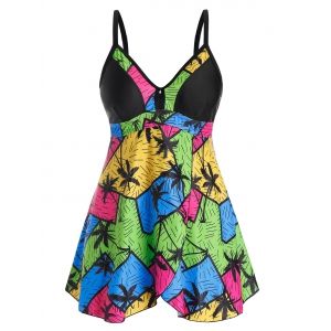 

Plus Size Empire Waist Palm Tree Print Tankini Swimwear, Black