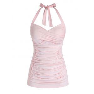 

Plus Size Halter Crossover Ruched Tank Top, Pig pink