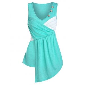 

Asymmetric Mock Button Contrast Tank Top, Aquamarine