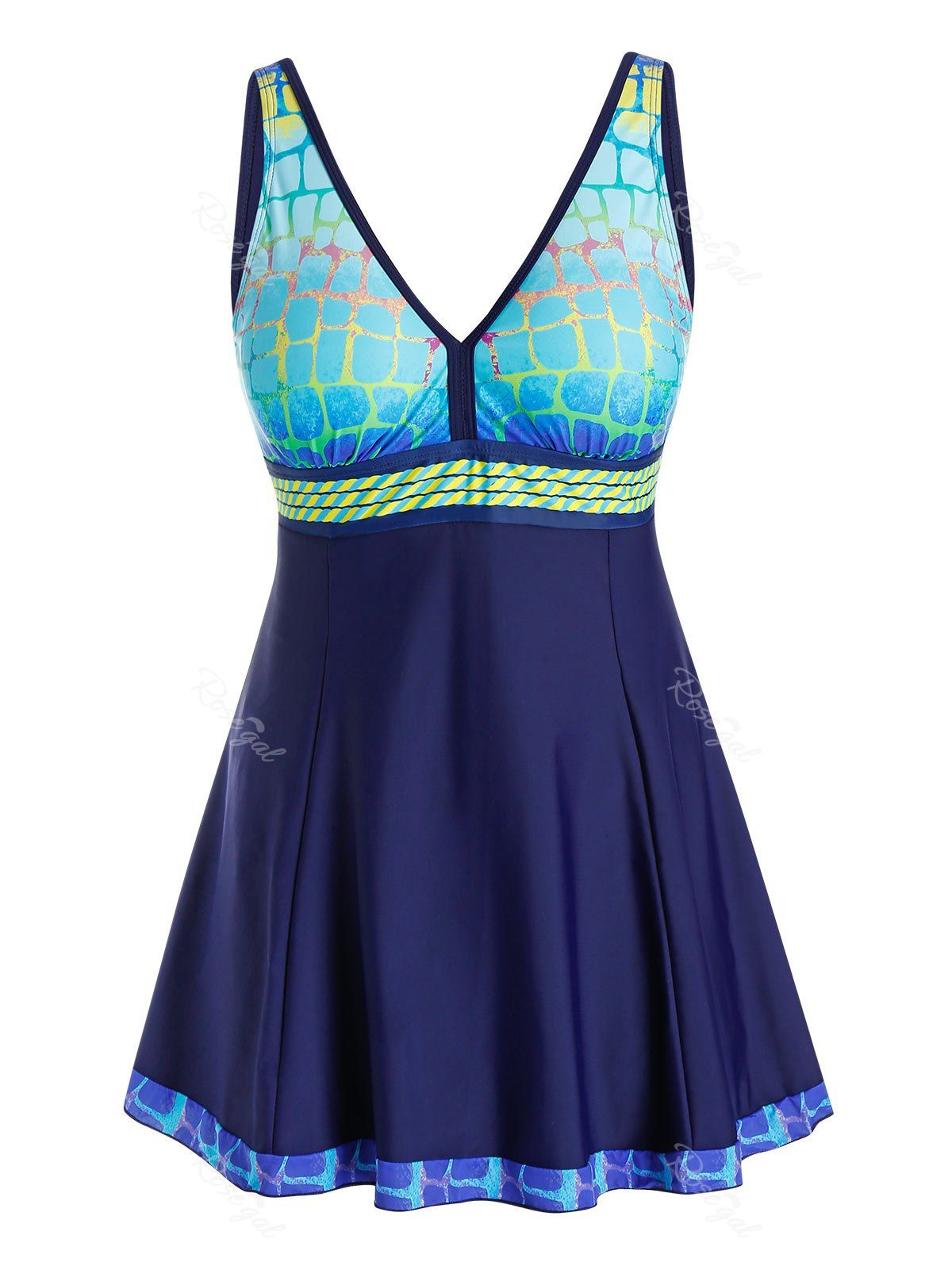 

Plus Size Printed Plunge Tankini Swimwear, Deep blue