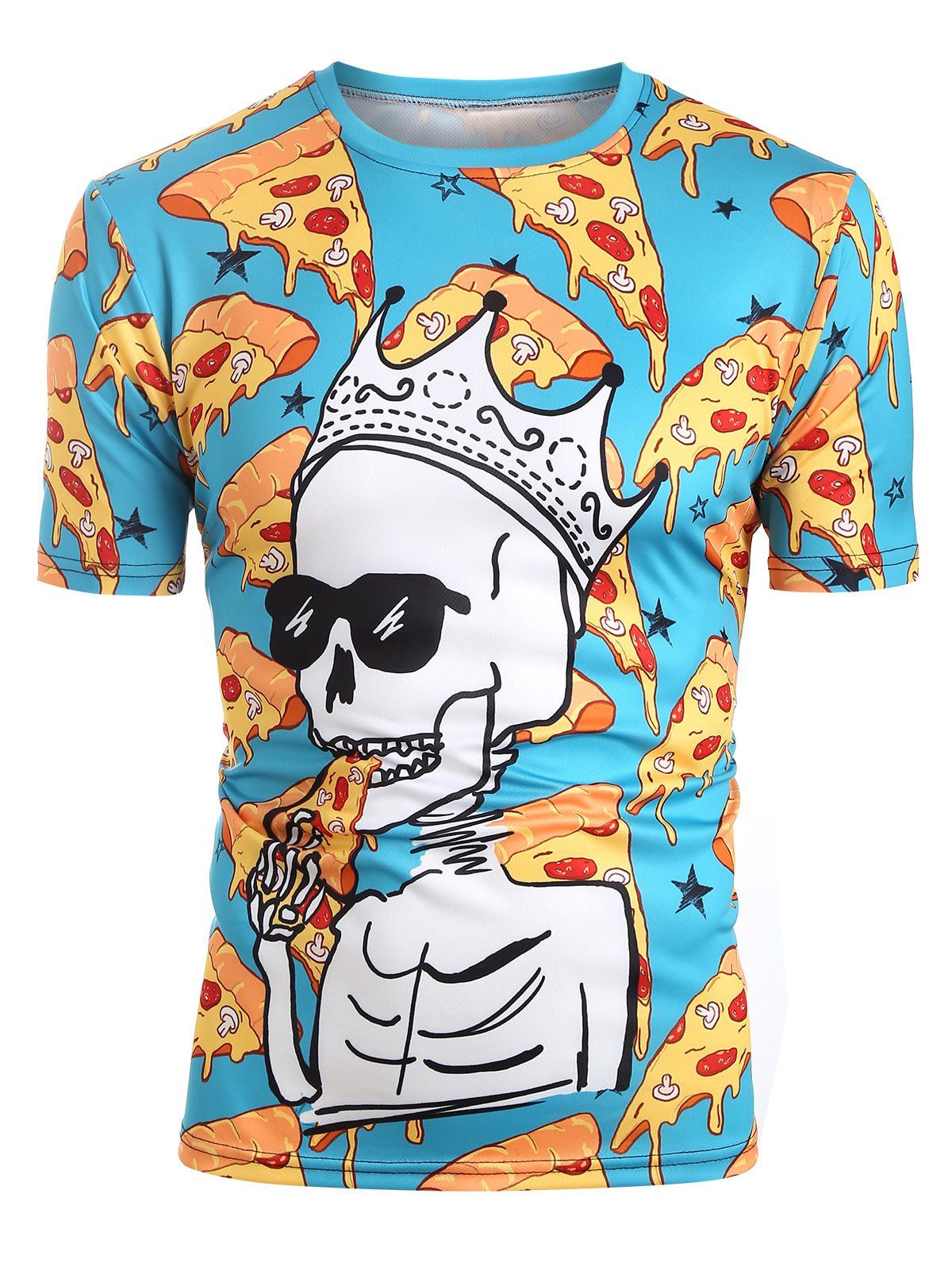 

Crown Skeleton Eating Pizza Print T-shirt, Ocean blue