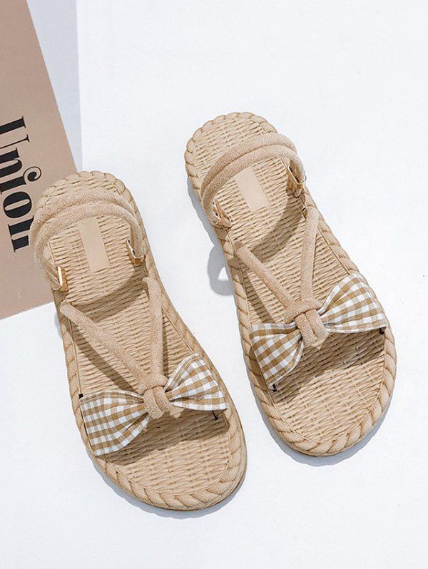 

Plaid Bowknot Convertible Strap Flat Sandals, Beige