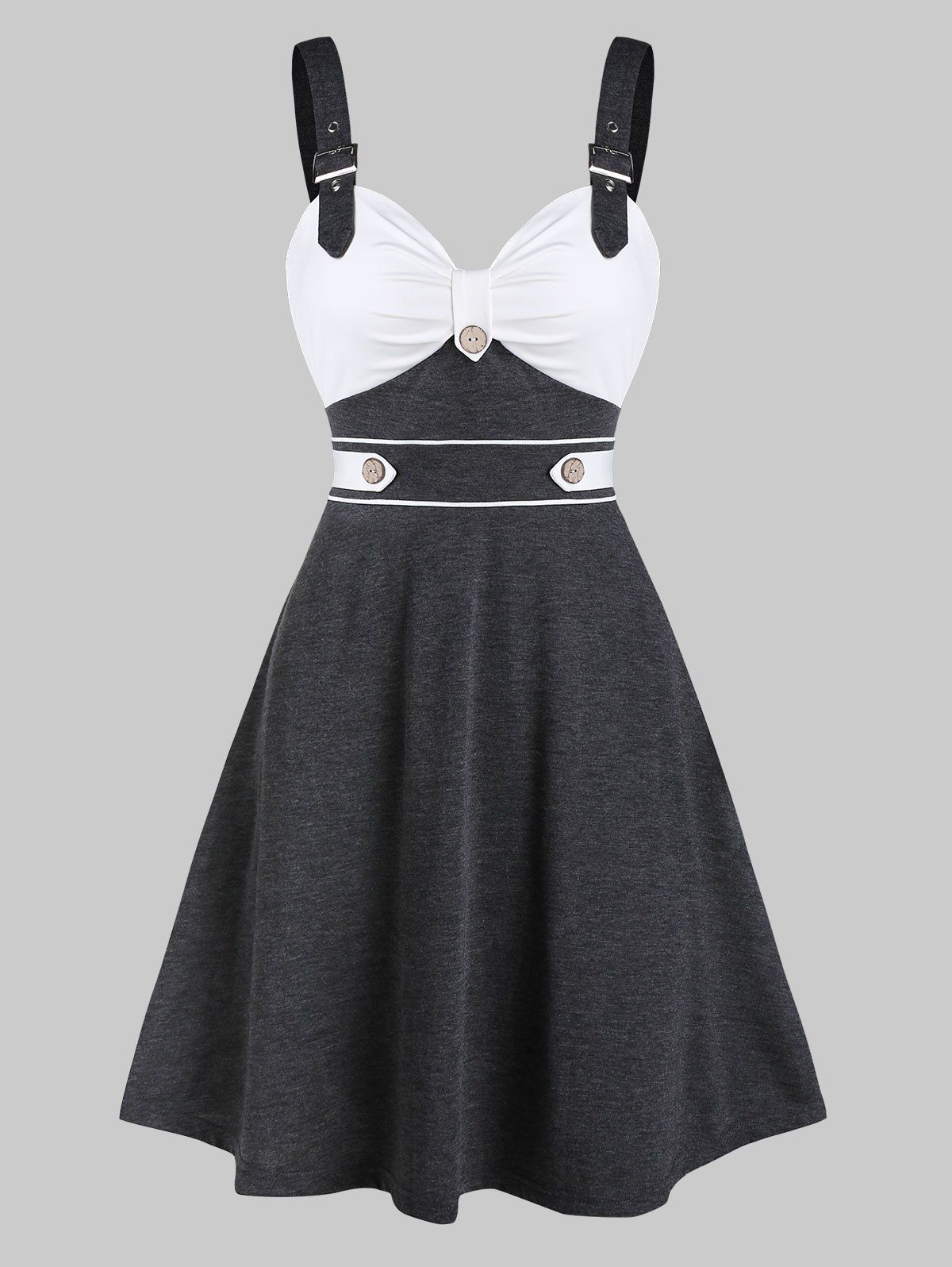 

Buckle Strap Mock Button Contrast Flare Dress, Carbon gray