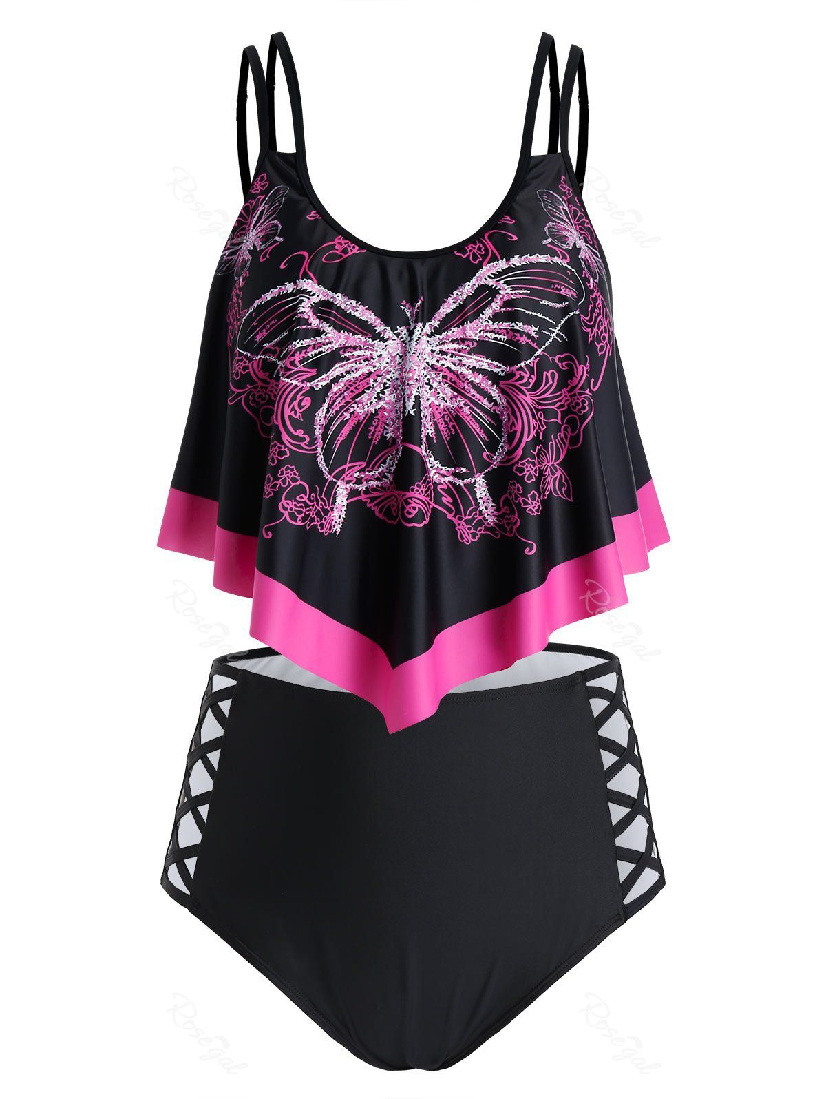 

Plus Size Butterfly Print Overlay Crisscross Tankini Swimwear, Black