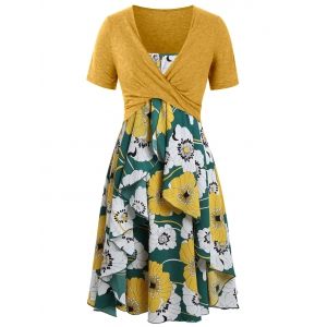 

Plus Size Two Piece Print Layered Midi Dress With Criss Cross Crop Top, Bee yellow