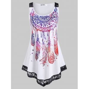 

Plus Size Feather Print Lace Insert Tank Top, White