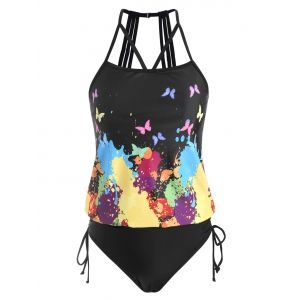 

Butterfly Print Cut Out Tankini Swimwear, Black