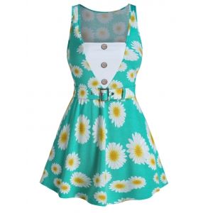 

Daisy Print Belted Faux Twinset Tank Top, Aquamarine