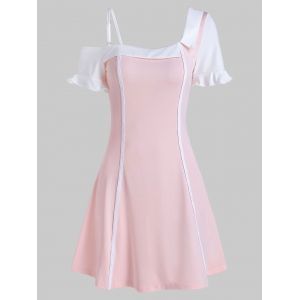 

Skew Neck Contrast Color Ruffled Mini Dress, Sakura pink