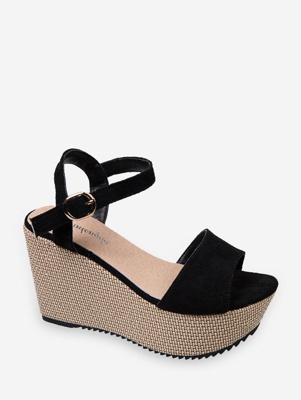 

Platform Wedge Heel Ankle Strap Suede Sandals, Black