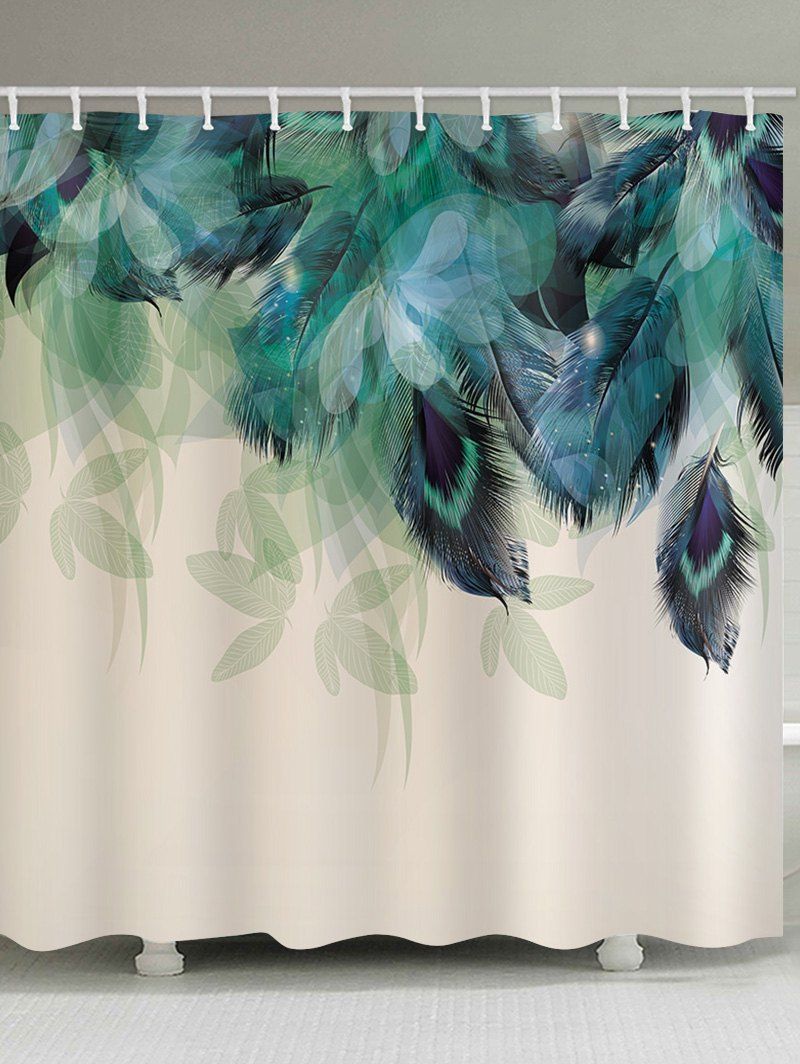 

Leaf Peacock Feathers Print Decorative Shower Curtain, Greenish blue