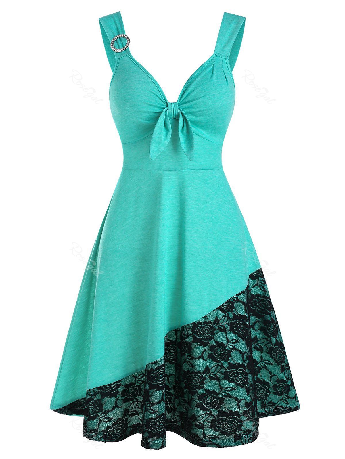 

Flower Lace Panel O-ring Sleeveless Dress, Aquamarine