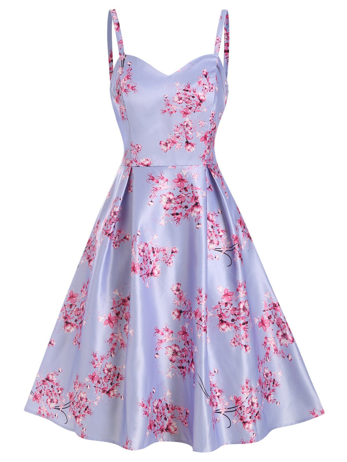 

High Waisted Sleeveless Floral Print Dress, Lavender blue