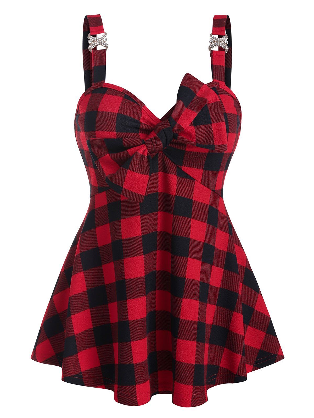 

Front Bow Tartan Print Cami Tank Top, Lava red