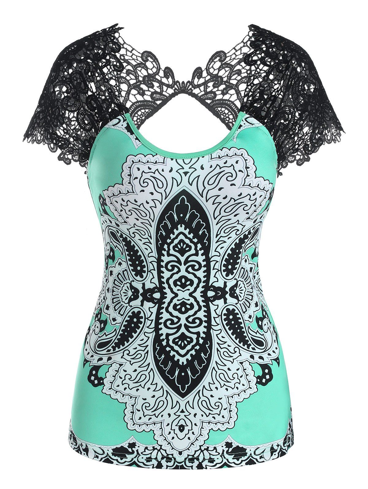 

Tribal Print Lace Insert T-shirt, Light green