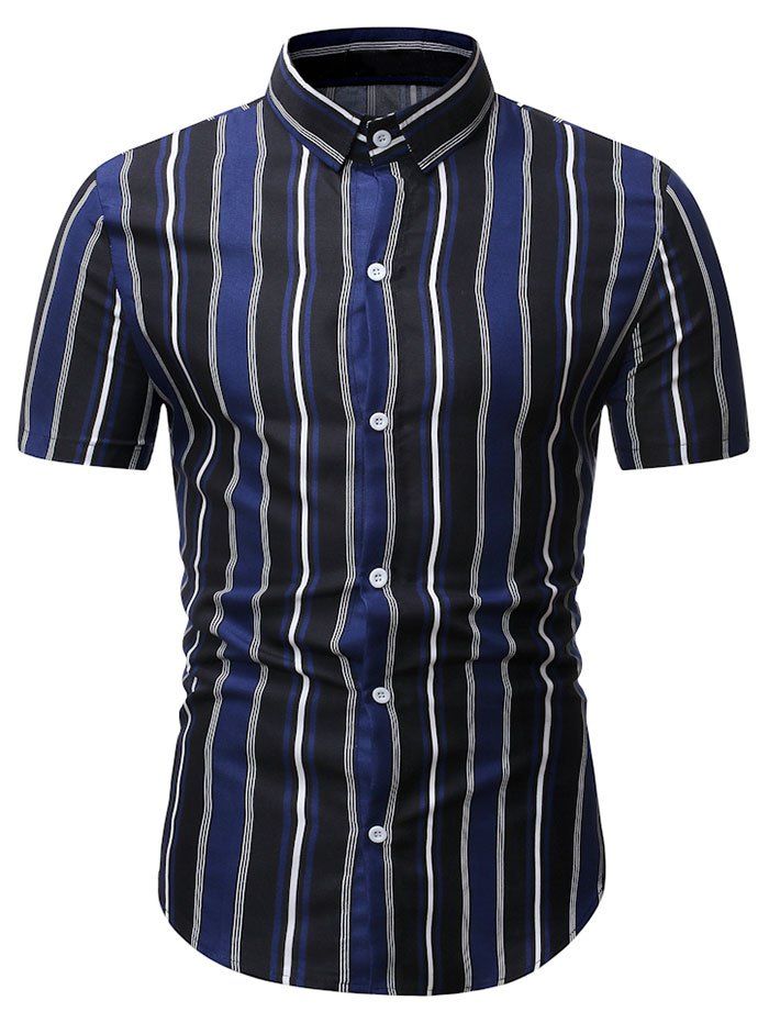 

Short Sleeve Stripes Print Button Shirt, Midnight blue