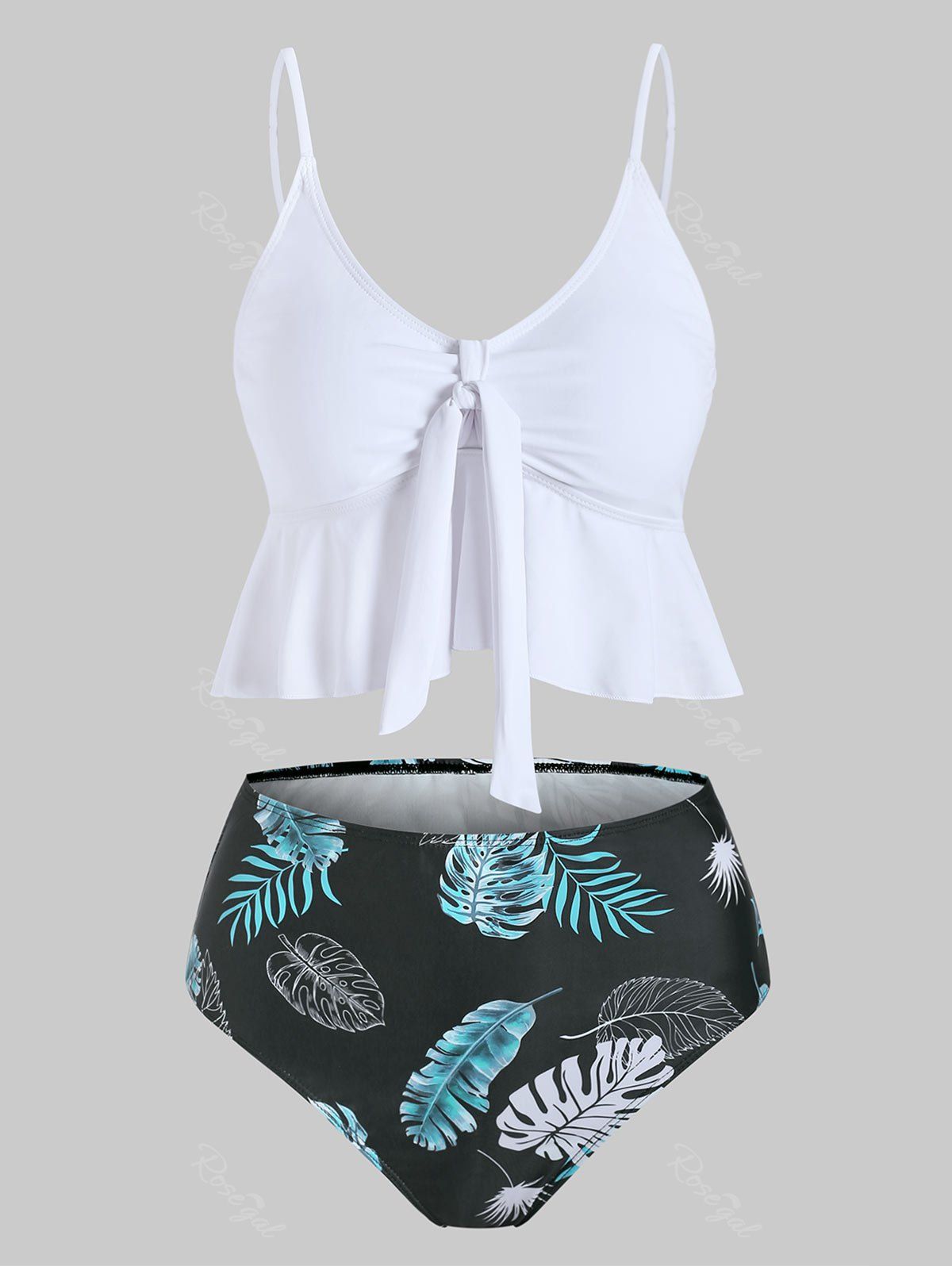 

Tied Tropical Leaf Print Peplum High Rise Tankini Swimwear, White
