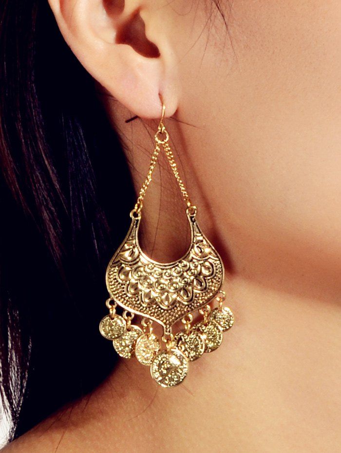 

Bohemian Carved Portrait Drop Earrings, Gold