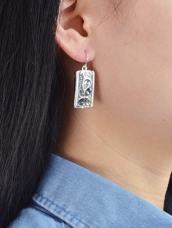

Rhinestone Decoration Rectangle Shape Earrings, Silver