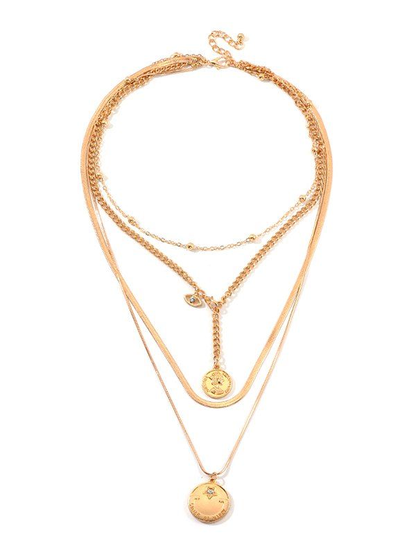 Rhinestone Disc Shape Layered Pendant Necklace, Gold