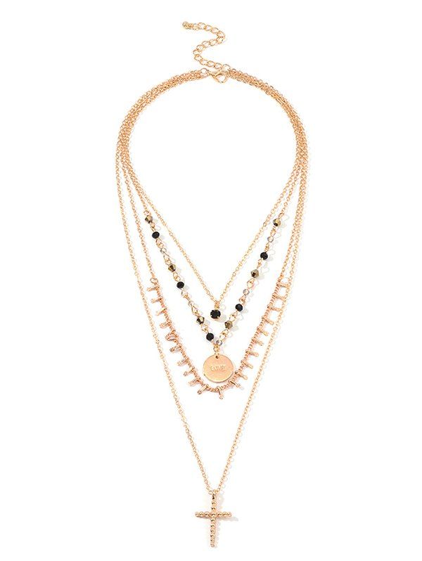 

Rhinestone Disc Cross Shape Layered Necklace, Gold