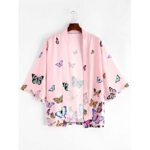 

Butterfly Allover Print Open Front Kimono Cardigan, Pink