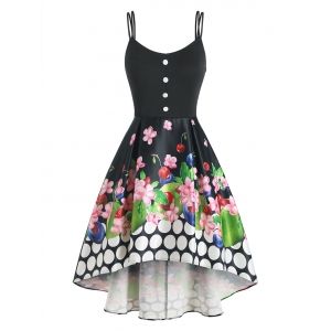 

Floral Cherry Print Button Embellished Dip Hem Dress, Black