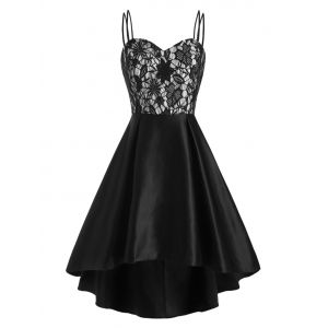 

Floral Lace Empire Waist Dip Hem Dual Straps Dress, Black