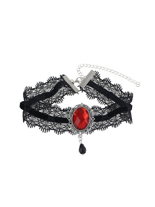 

Gothic Faux Gem Wide Lace Choker Necklace, Ruby red