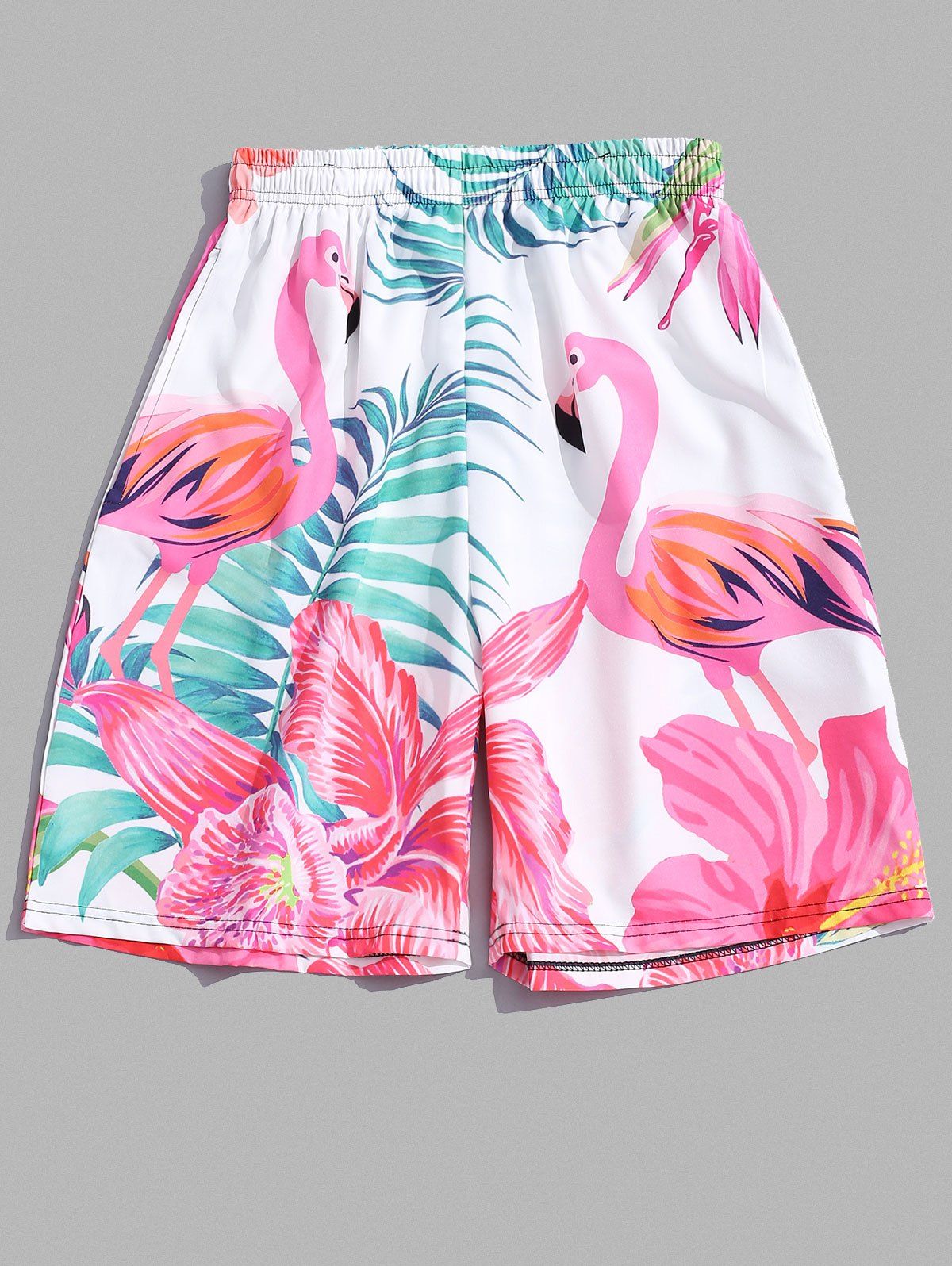 

Flamingo Tropical Leaf Print Casual Shorts, White