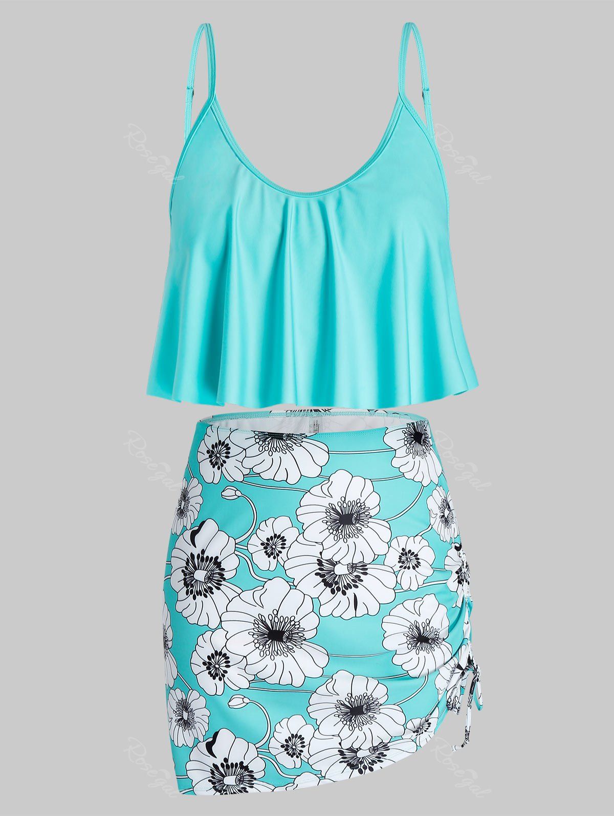 

Plus Size Floral Print Ruffled Cinched Three Piece Swimsuit, Celeste