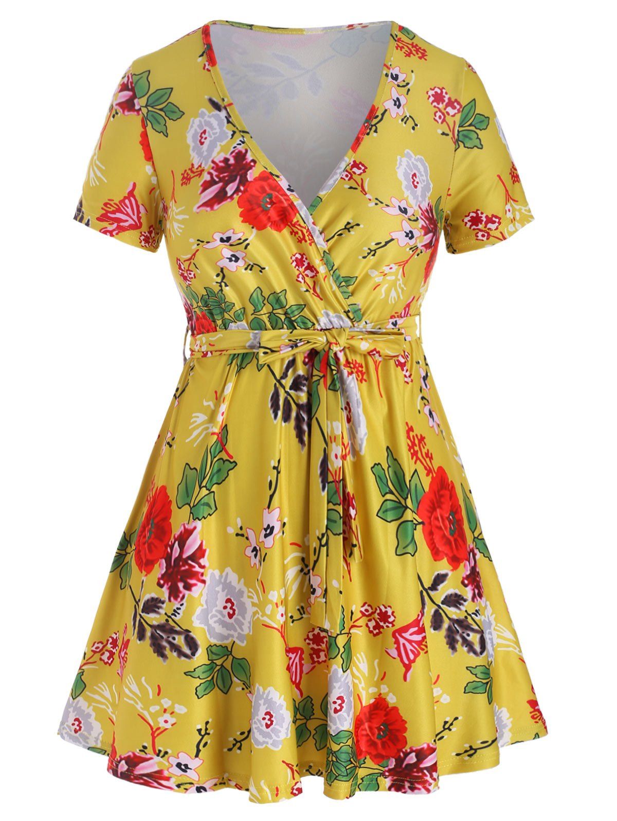 

Floral Print Belted V Neck Dress, Goldenrod