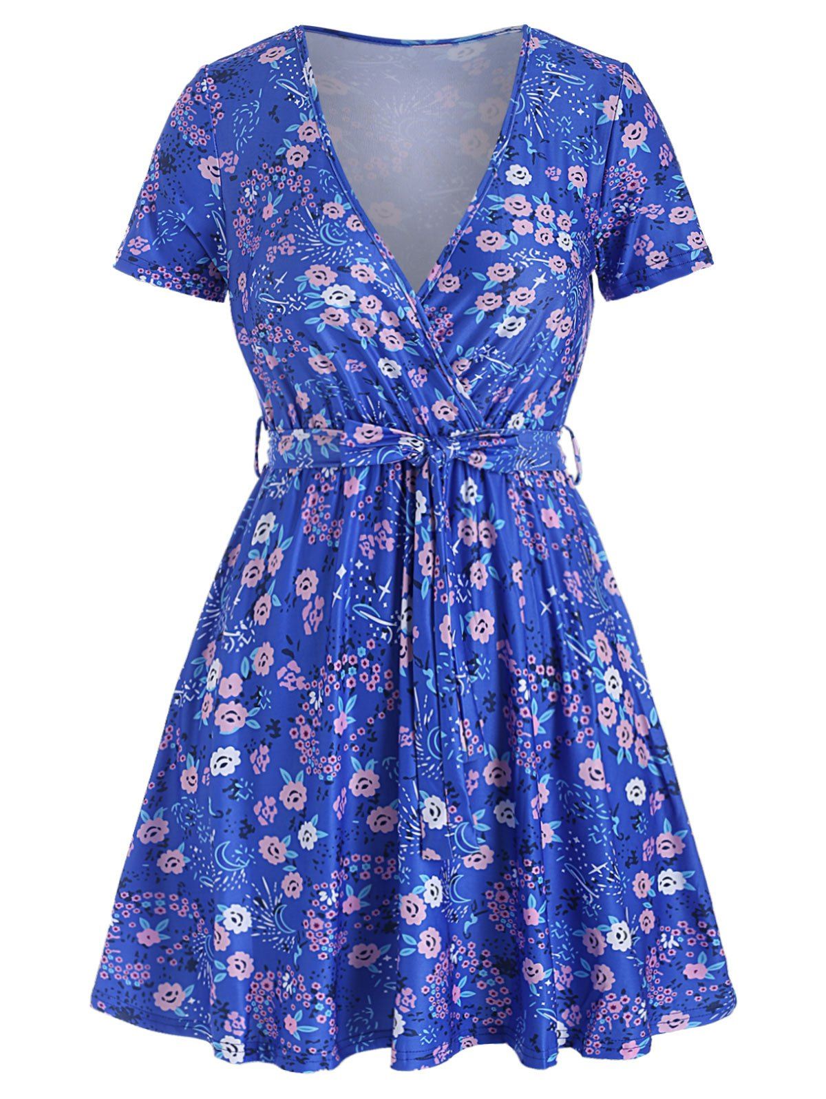 

Floral Print Belted V Neck Dress, Ocean blue