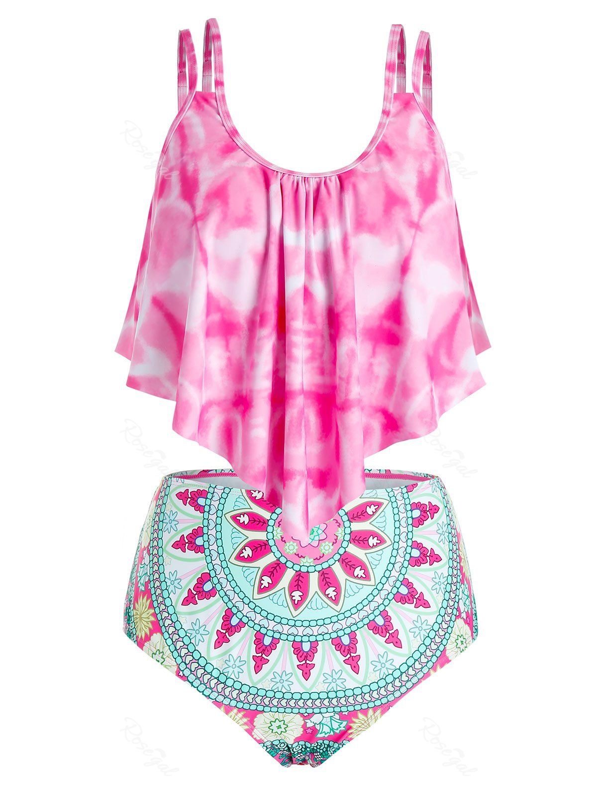 

Plus Size Tribal Print Tie Dye Ruffle Tankini Swimwear, Hot pink