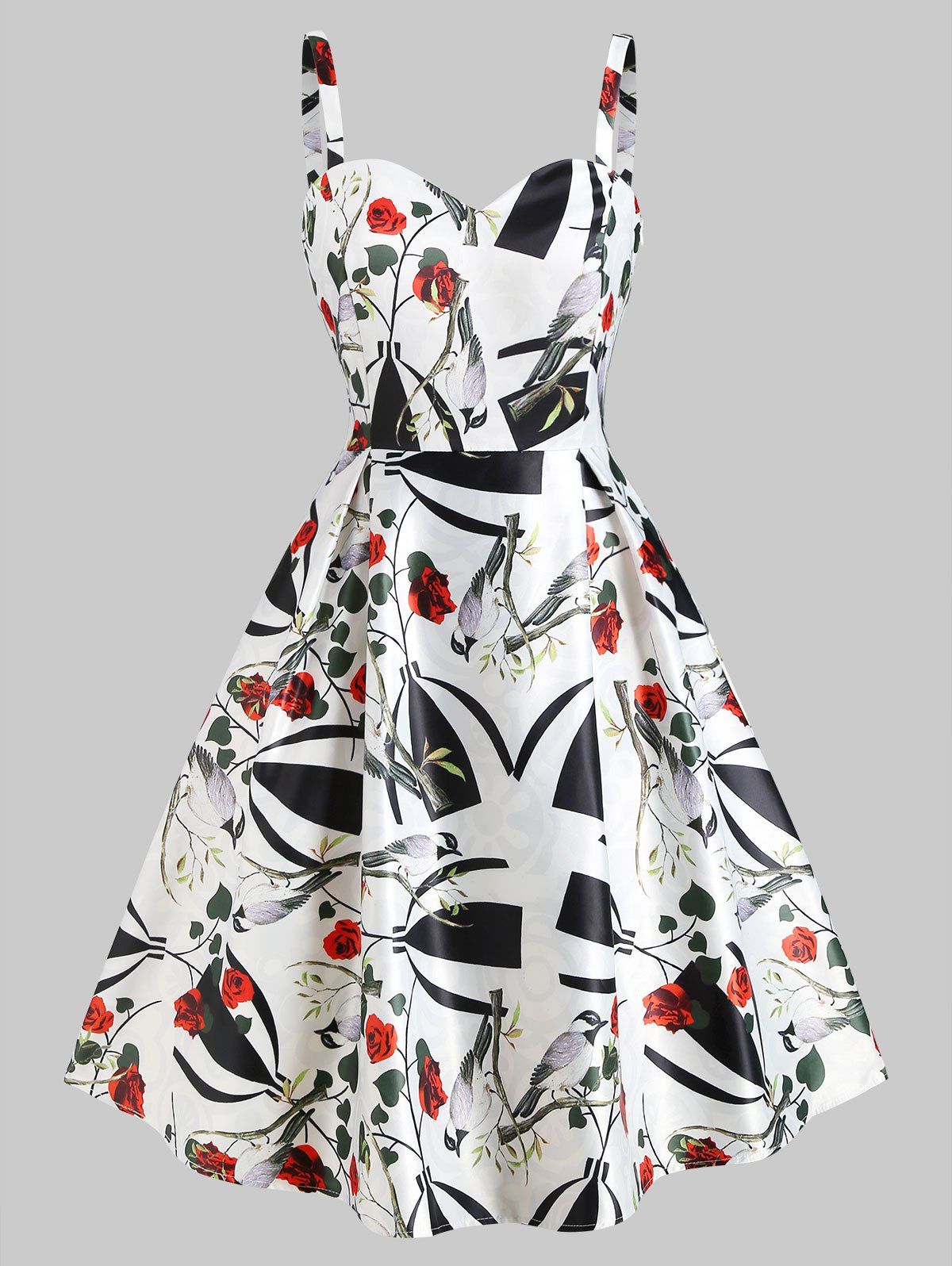 

Bird Flower Print Sleeveless Sweetheart Dress, White