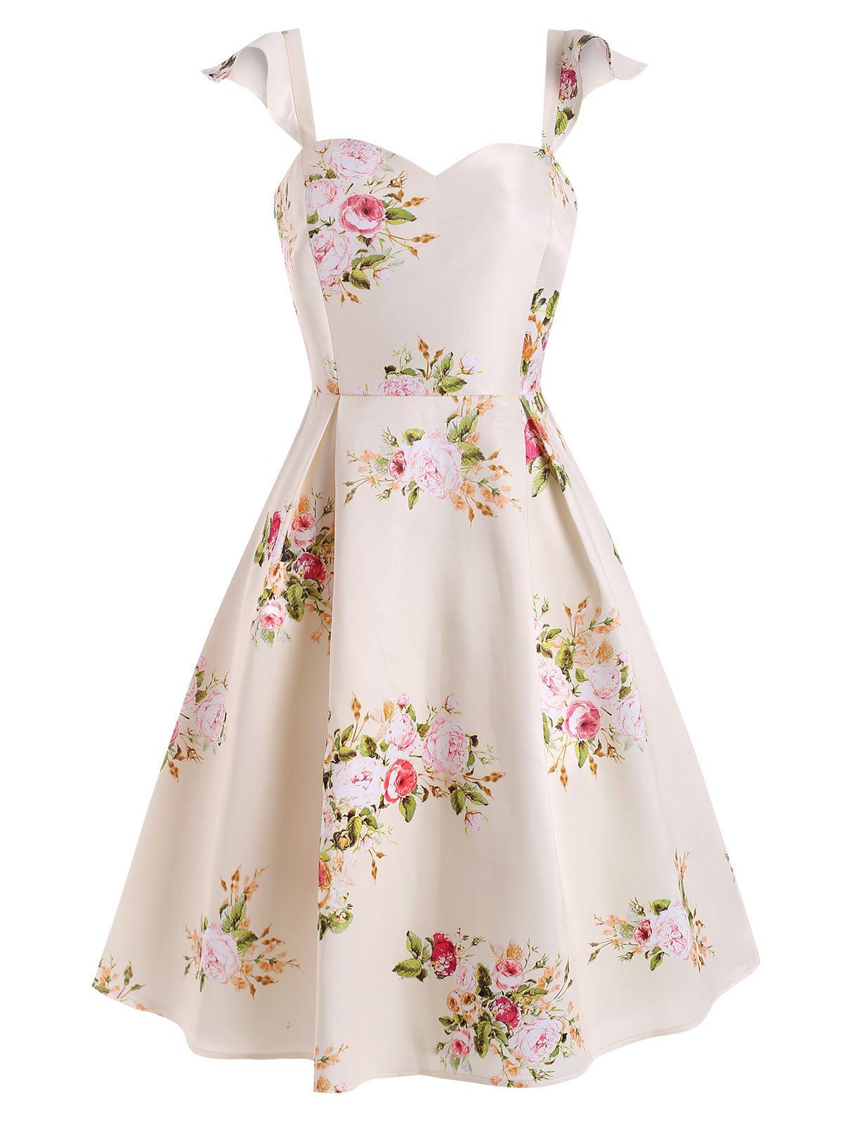 

Floral Print Ruffle Sweetheart Dress, Cream