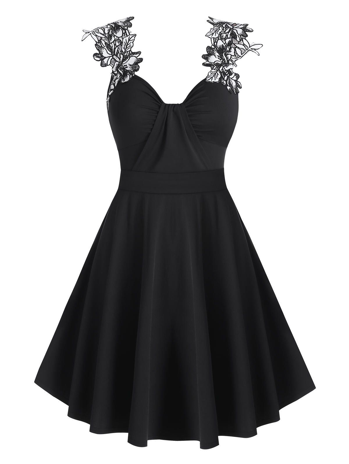 

Floral Embroidery Ruched Cami A Line Dress, Black
