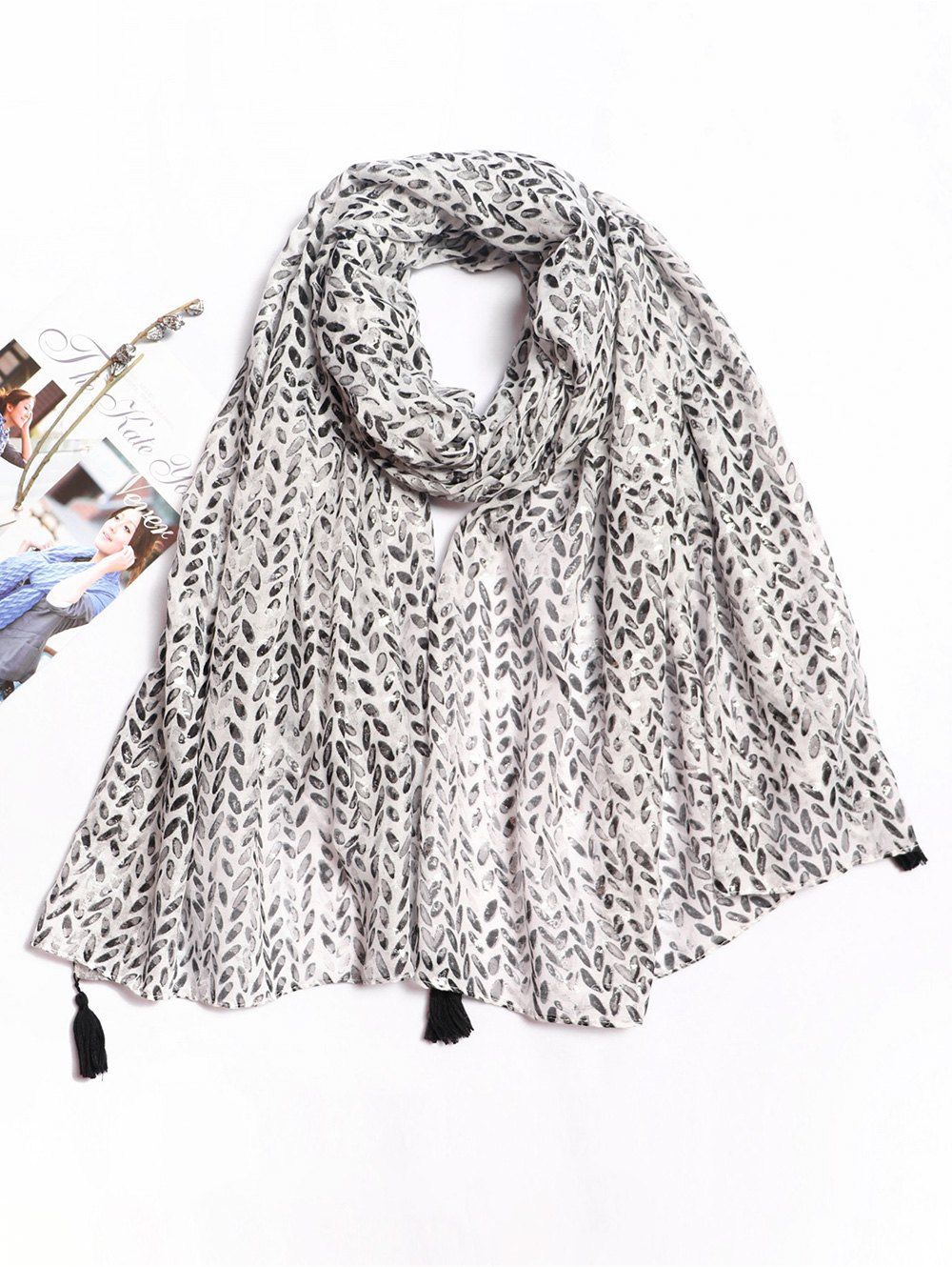 

Leaf Printed Gold Foil Tassel Scarf, Black