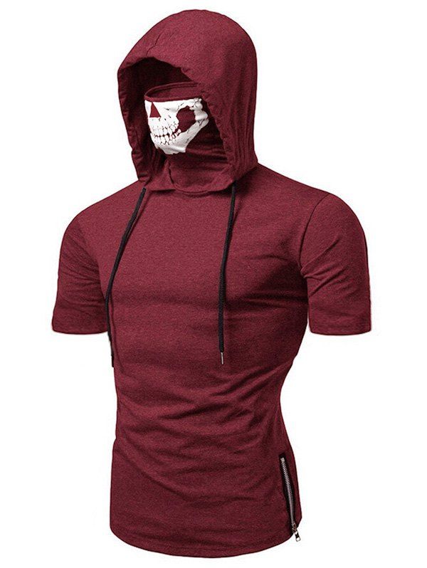 

Skull Mask Hooded Short Sleeve T Shirt, Red wine