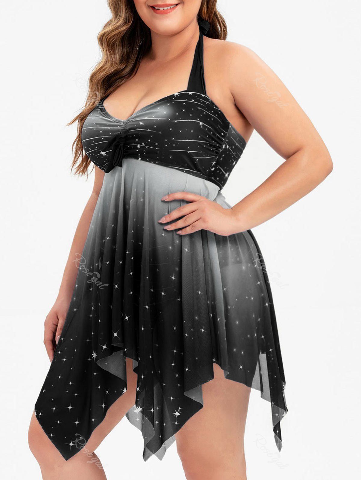 

Bowknot Mesh Panel Handkerchief Sparkle Stars Plus Size Tankini Swimsuit, Black