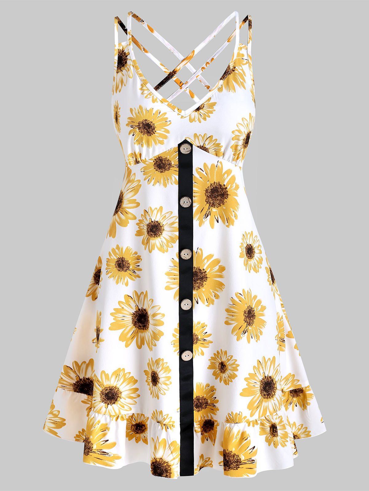 

Sunflower Print Mock Button Mini Cami Dress, White