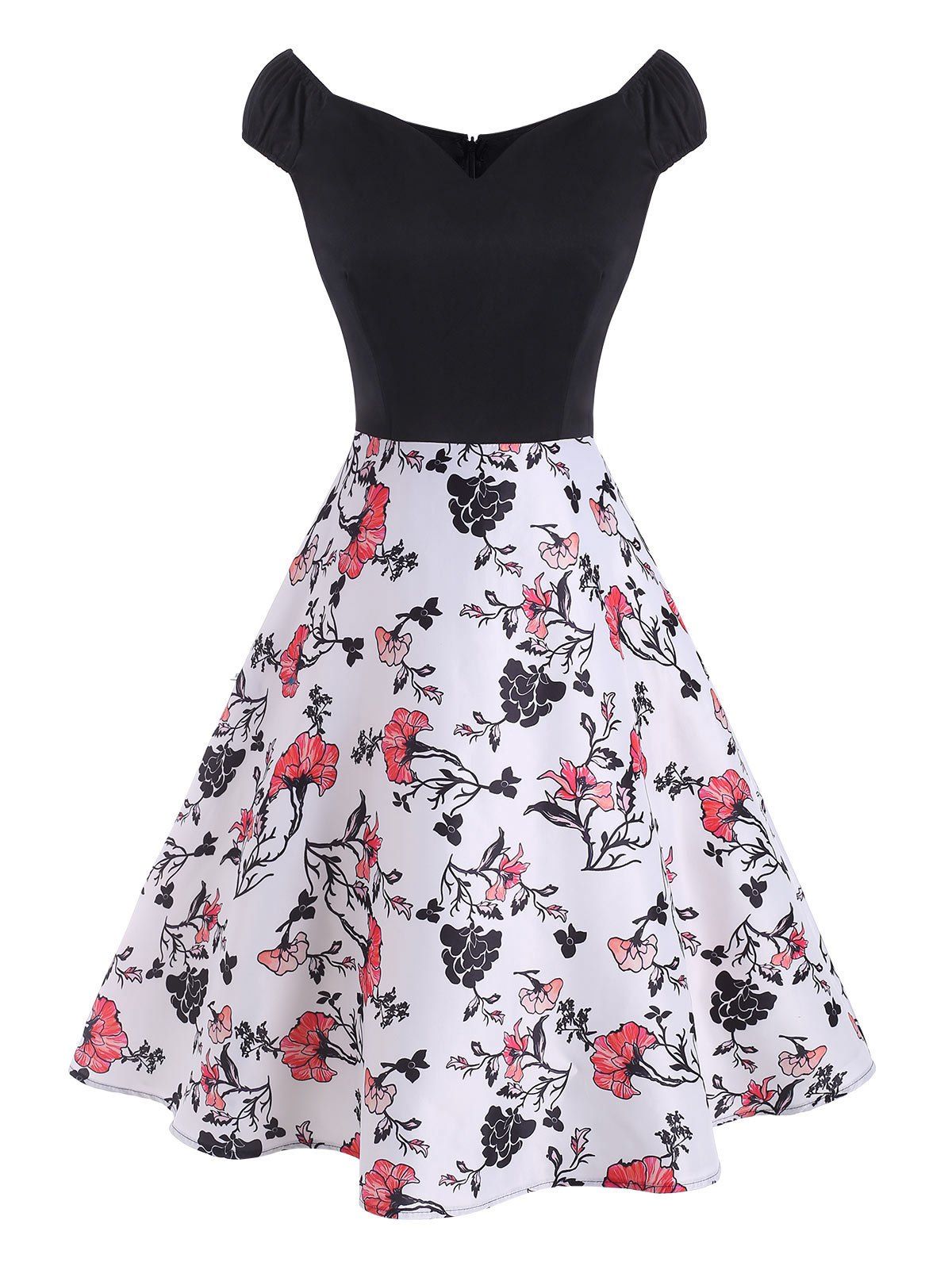 

Floral Print Cap Sleeve High Rise Dress, Black