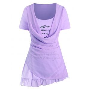 

Plus Size Cowl Overlay Letter Print Graphic T Shirt, Mauve