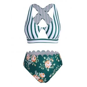 

Plus Size Cutout Stripe Floral Bikini Swimwear, Multi a